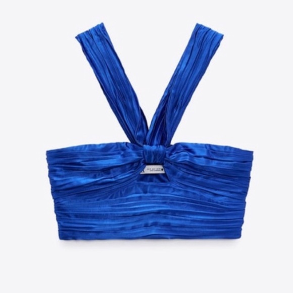 Zara Royal Blue Satin Pleated Halter Crop Top - Picture 2 of 6